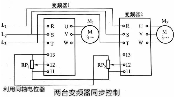 兩臺變頻器，拖動兩臺電機運行的電路圖